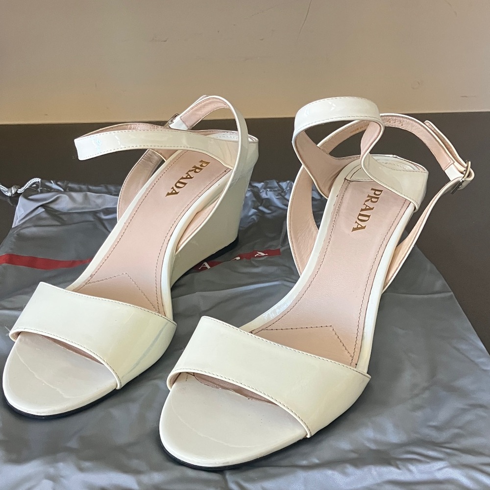 Prada Women's Patent Leather Cream Wedge Sandals Size 41.5